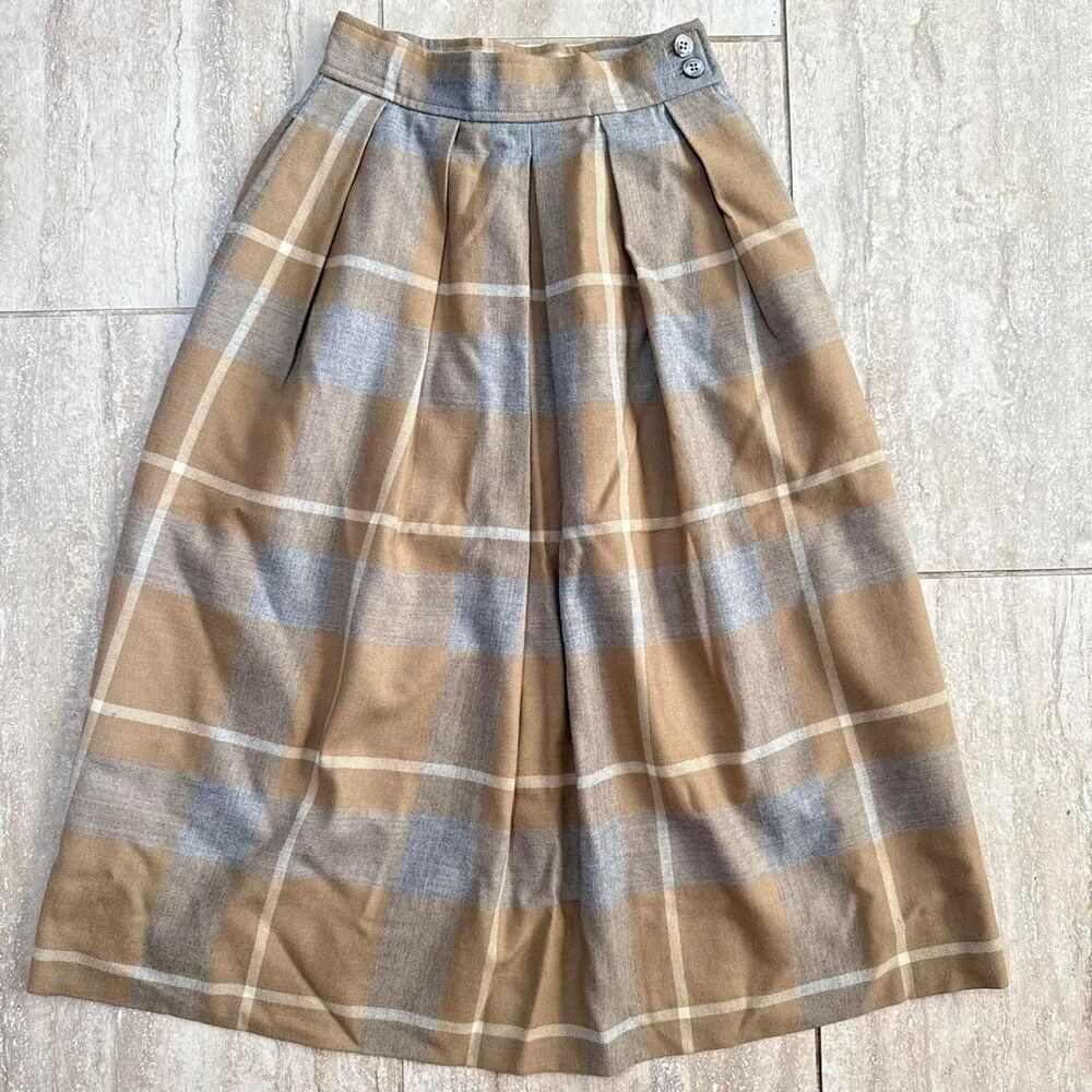 VTG Plaid Wool Pleated Midi Skirt Size 2 Tan gray Tartan Dark Academia Coquette